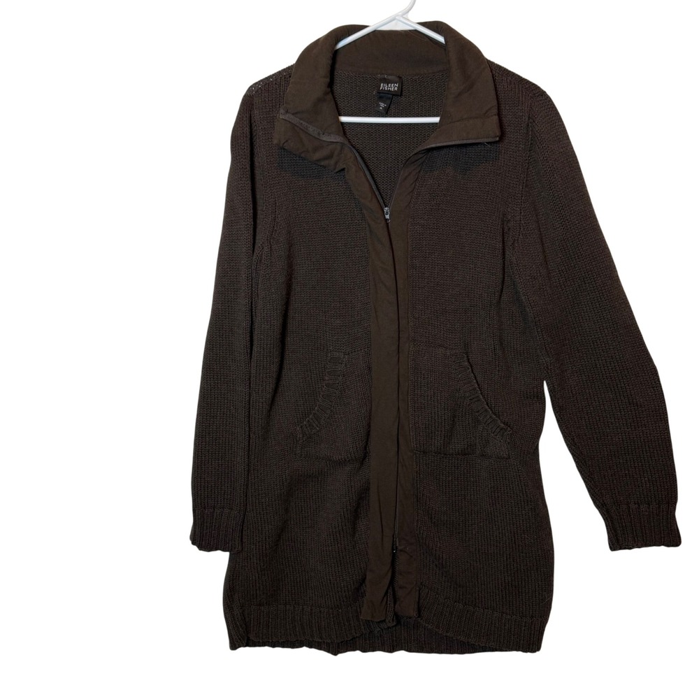 Eileen Fisher Organic Cotton Knit Zip Front‎ Longline Cardigan Sweater Brown M